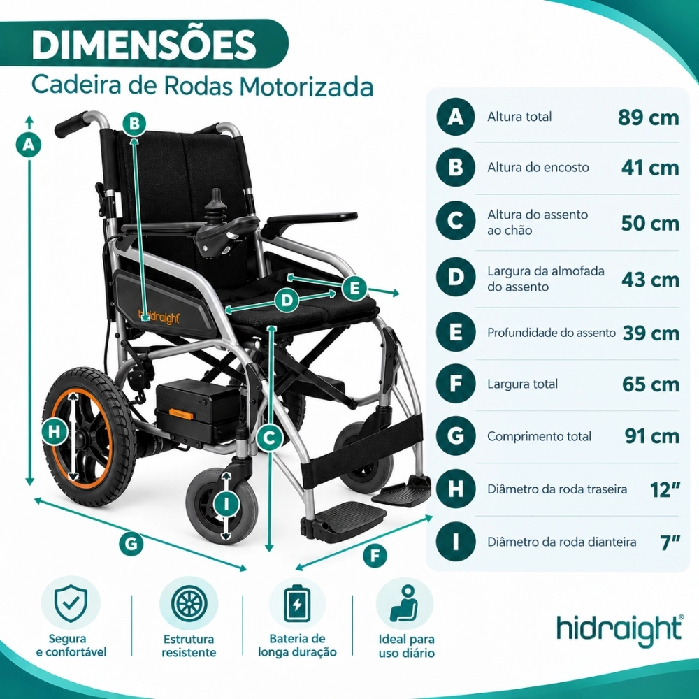 Cadeira de Rodas Motorizada E-Move Até 125kg 20 km Hidrolight