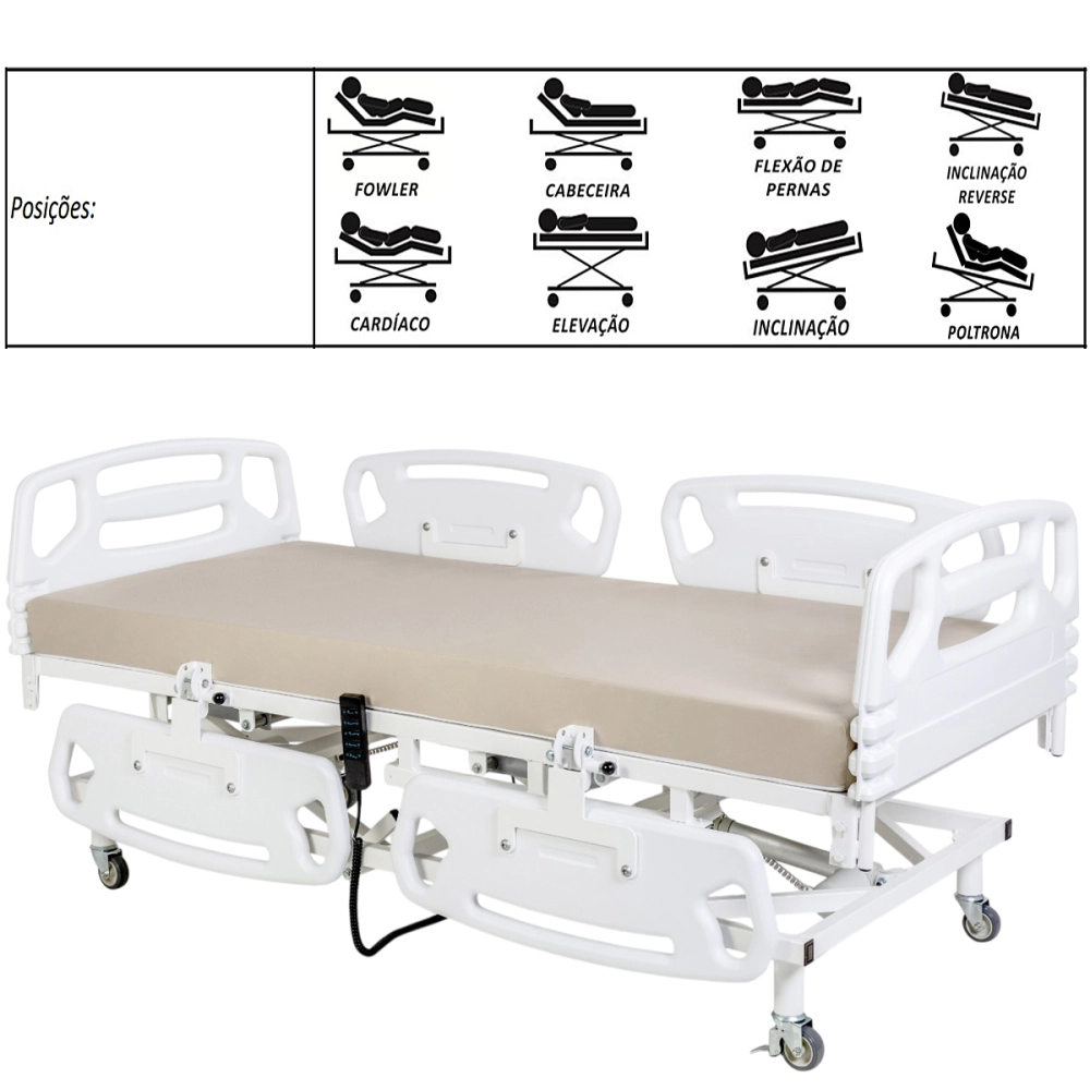 Cama Poltrona Hospitalar Motorizada 5 Movimentos Evolution Steel Com Elevação E Inclinação Grade Laterais Cabeceira E Pe