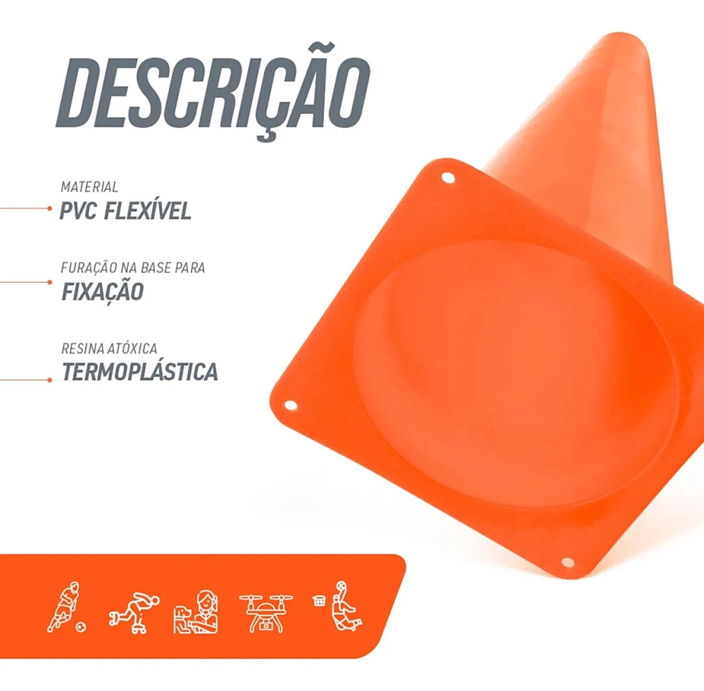 Cone Plástico Flexível Esportivo PVC Para Exercícios Atividades Físicas Treinamento Funcional HidroLight
