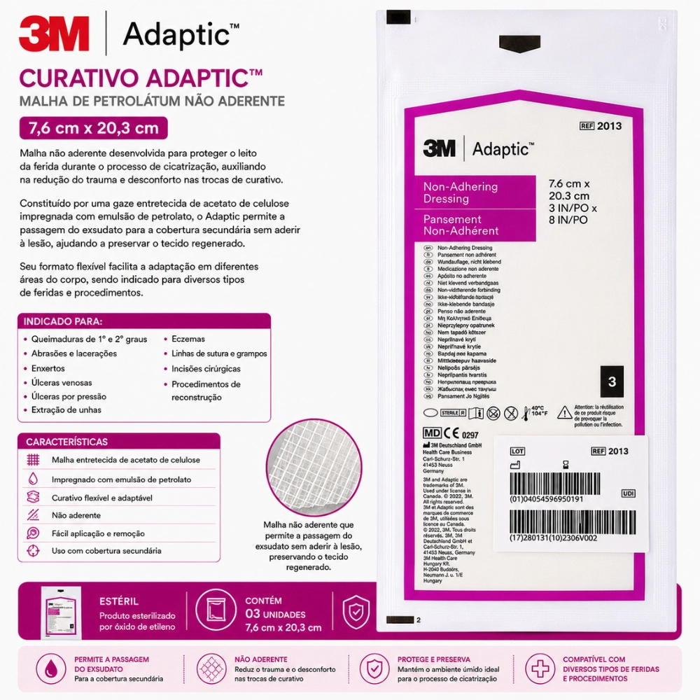 Curativo Adaptic 7,6 x 20,3cm 3 Unidade Malha De Petrolato Não Aderente 3m 