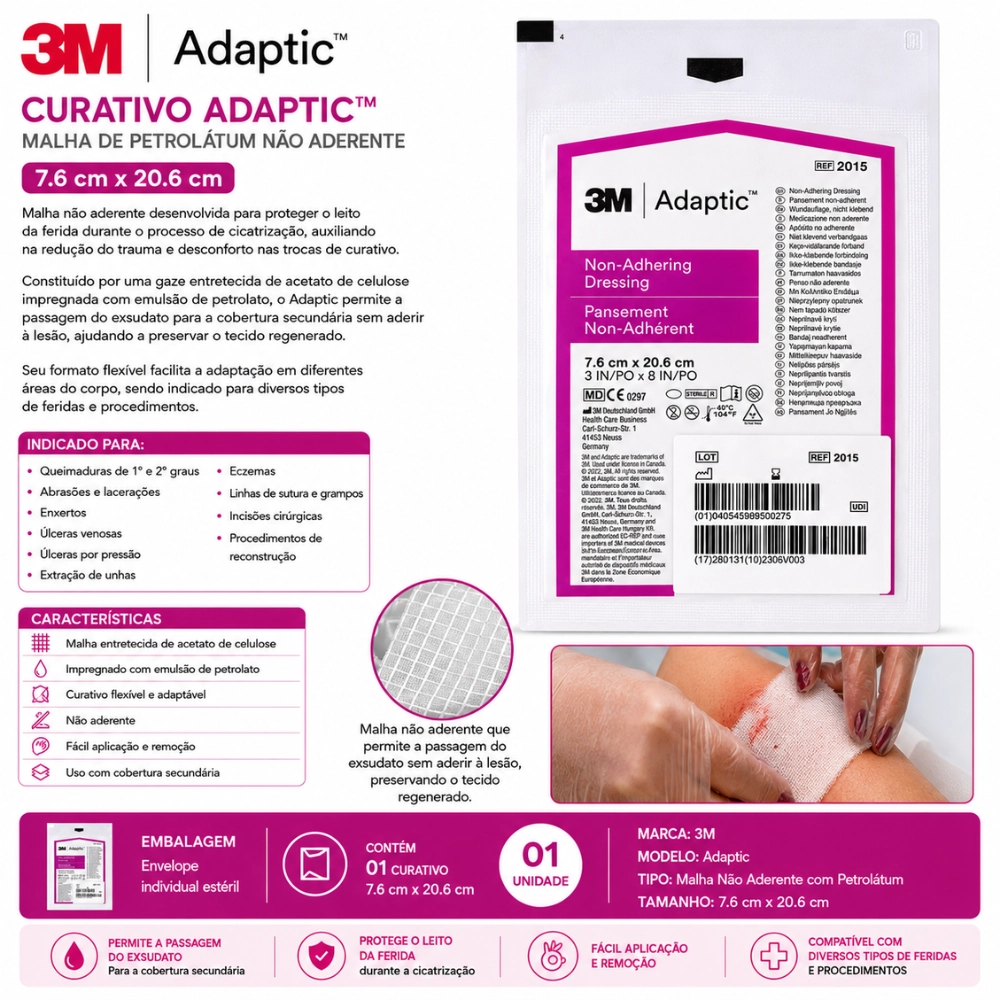 Curativo Adaptic 7,6 x 20,3cm Unidade Malha De Petrolato Não Aderente 3m