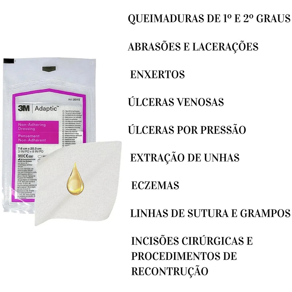Curativo Adaptic Cobertura Malha De Proteção Petrolatum 7,6x20,3 CM Não Aderente 3M Kit Com 3 Unidades