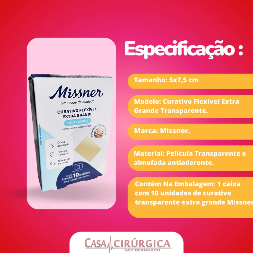 Curativo Band Aid Extra Grande Transparente Flexivel Impermeavel Alta Fixaçao 7,5 x 5 Cm Missner