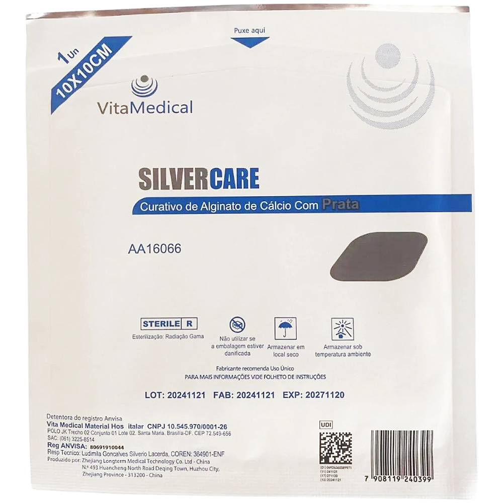 Curativo De Fibras De Alginato De Cálcio Com Prata Ação Microbiano Absorção De Exsudato Silver Care 10 x 10 CM VitaMedic