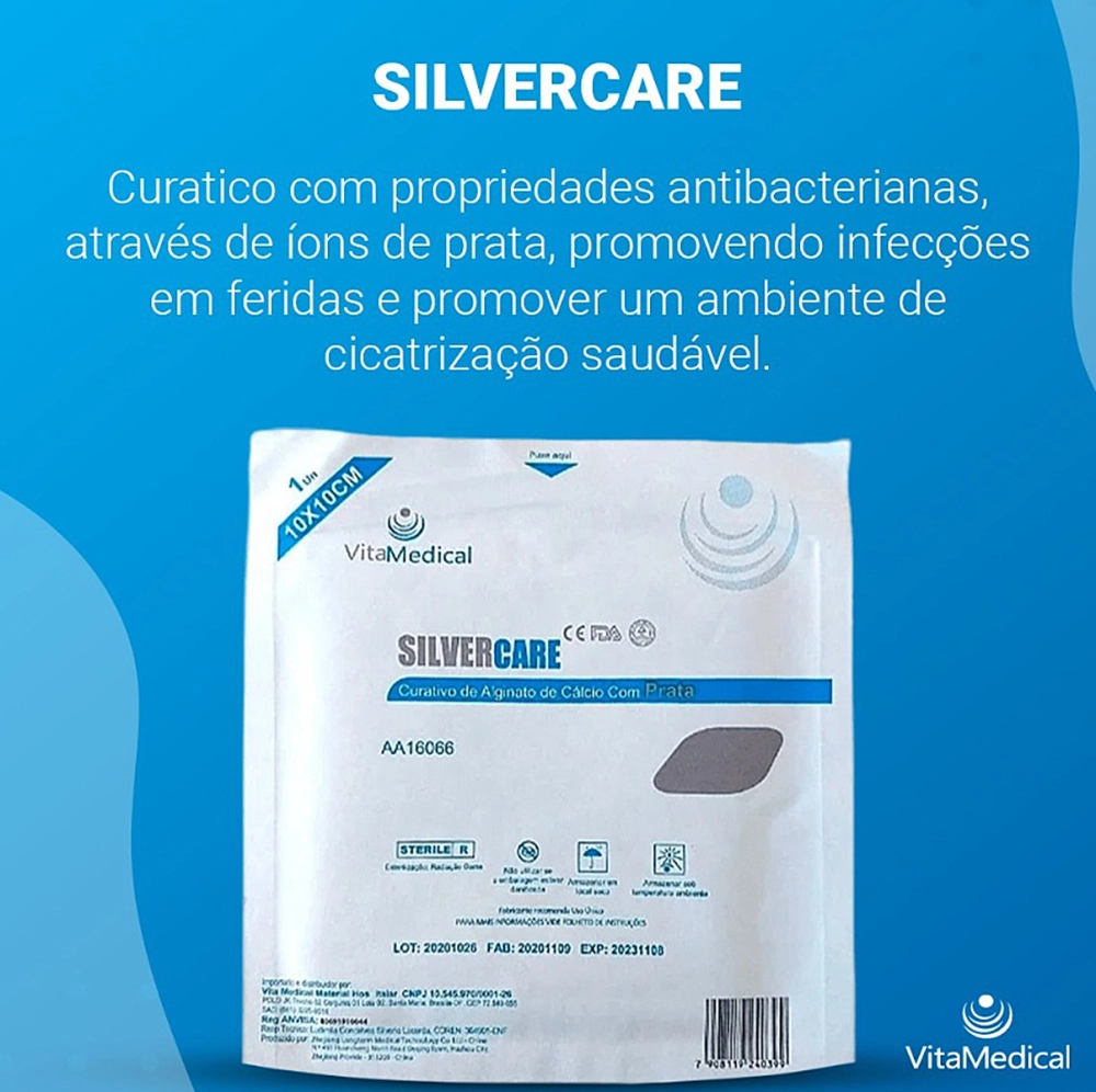Curativo De Fibras De Alginato De Cálcio Com Prata Ação Microbiano Absorção De Exsudato Silver Care 10 x 10 CM VitaMedic