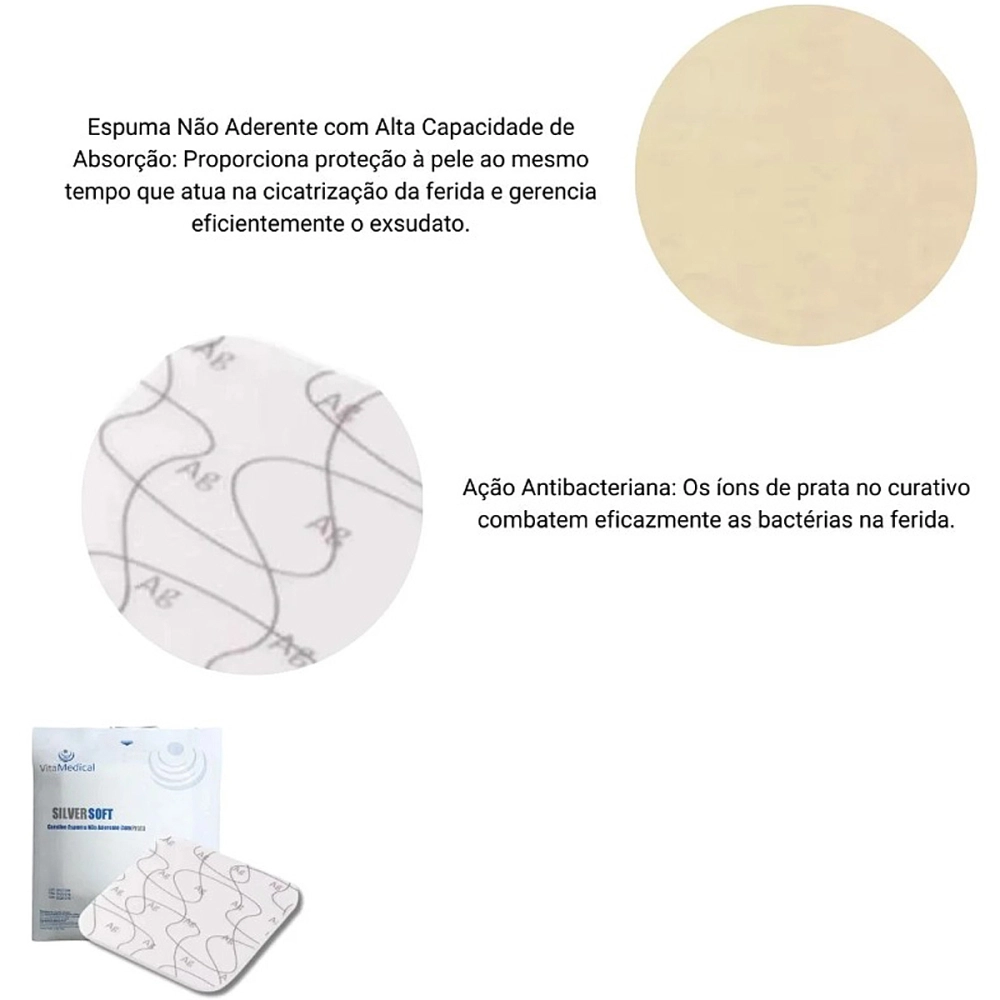 Curativo Estéril Espuma Não Aderente Com Prata Silver Soft Poliuretano Não Adesivo Hipoalérgica Antimicrobiana Absorção 