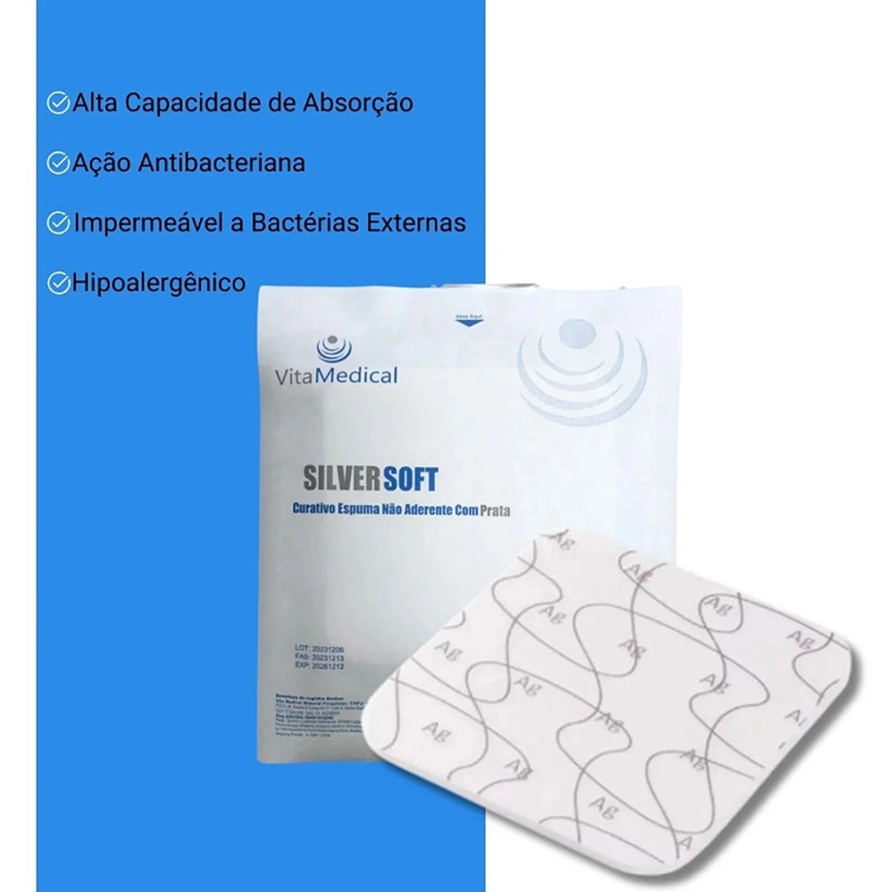Curativo Estéril Espuma Não Aderente Com Prata Silver Soft Poliuretano Não Adesivo Hipoalérgica Antimicrobiana Absorção 