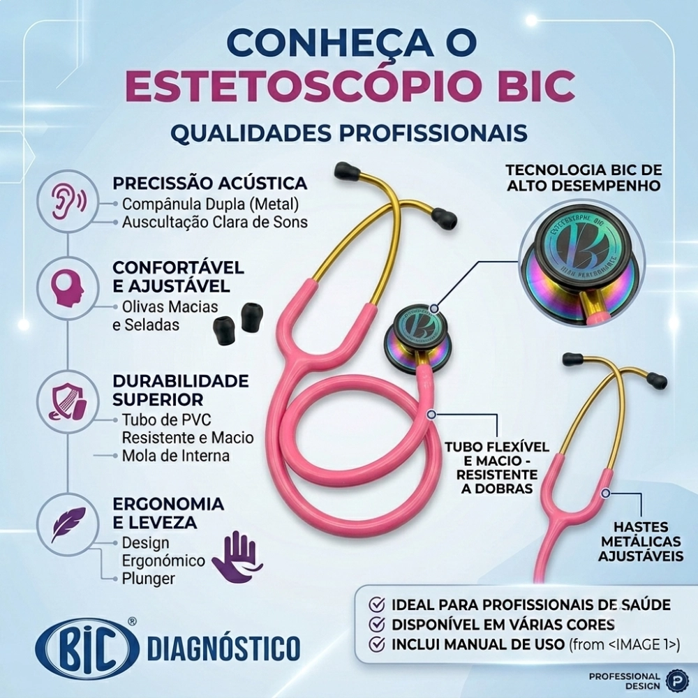 Estetoscópio Duplo Adulto e Pediátrico Eternity Rosa Rainbow BIC