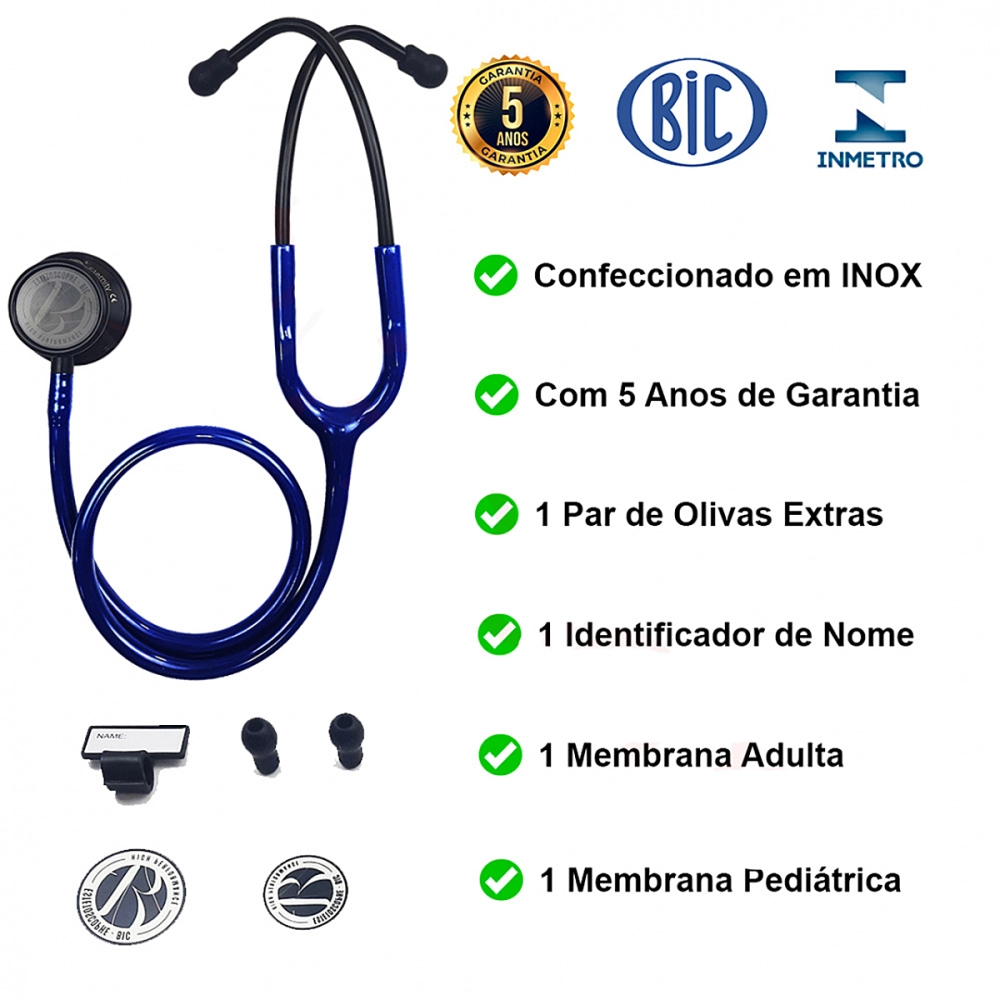Estetoscopio Duplo Adulto Pediatrico Aço Inox BIC Eternity Diagnostico Garantia 5 Anos Azul Marinho