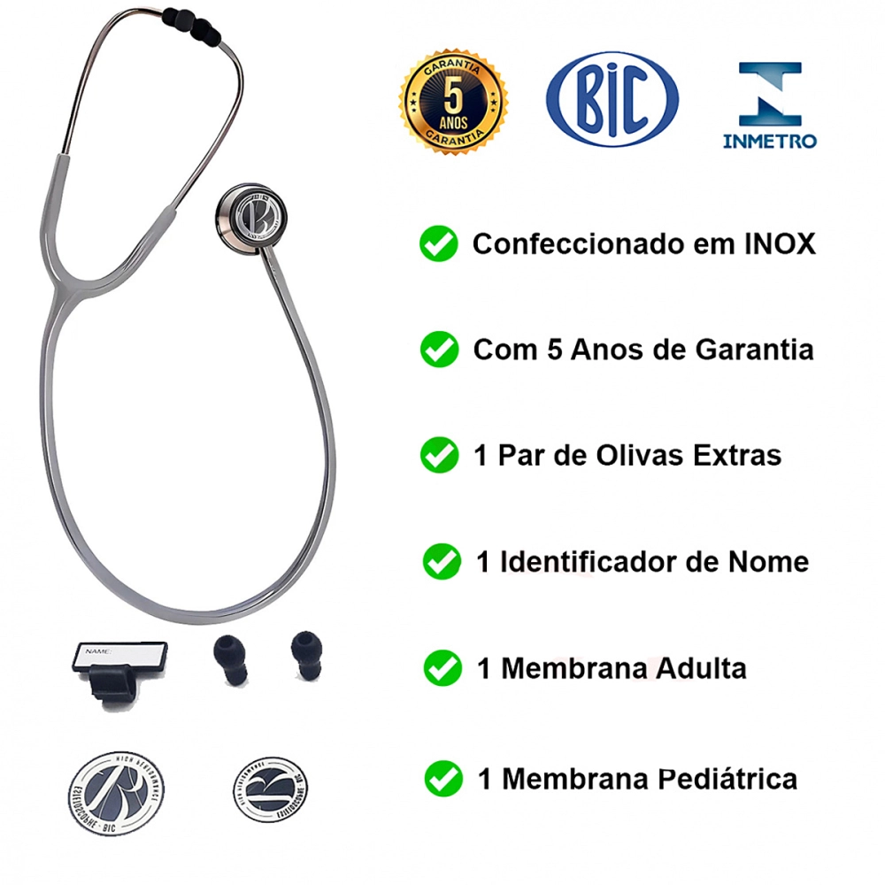 Estetoscópio Duplo Adulto Pediátrico Aço Inox BIC Eternity Diagnóstico Garantia 5 Anos