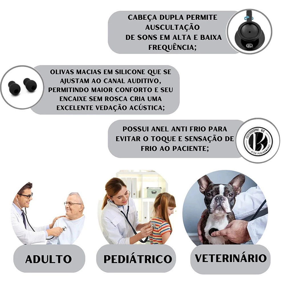 Estetoscópio Duplo Adulto Pediátrico Aço Inox BIC Eternity Diagnóstico Garantia 5 Anos
