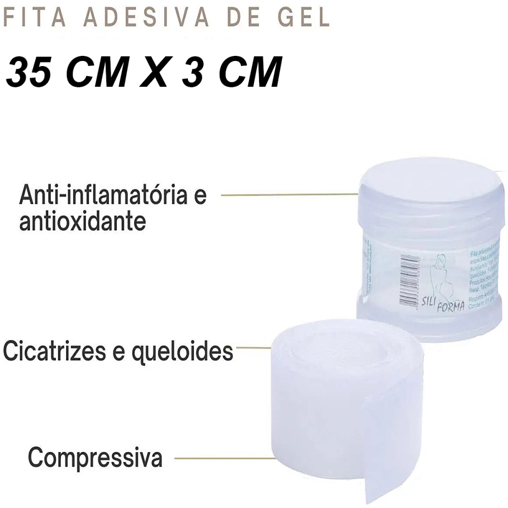 FITA ADESIVA SILICONE EM GEL PARA QUELOIDE CICATRIZ BARIATRICA ABDOMINOPLASTIA 35 x 3 CM SILIFORMA  