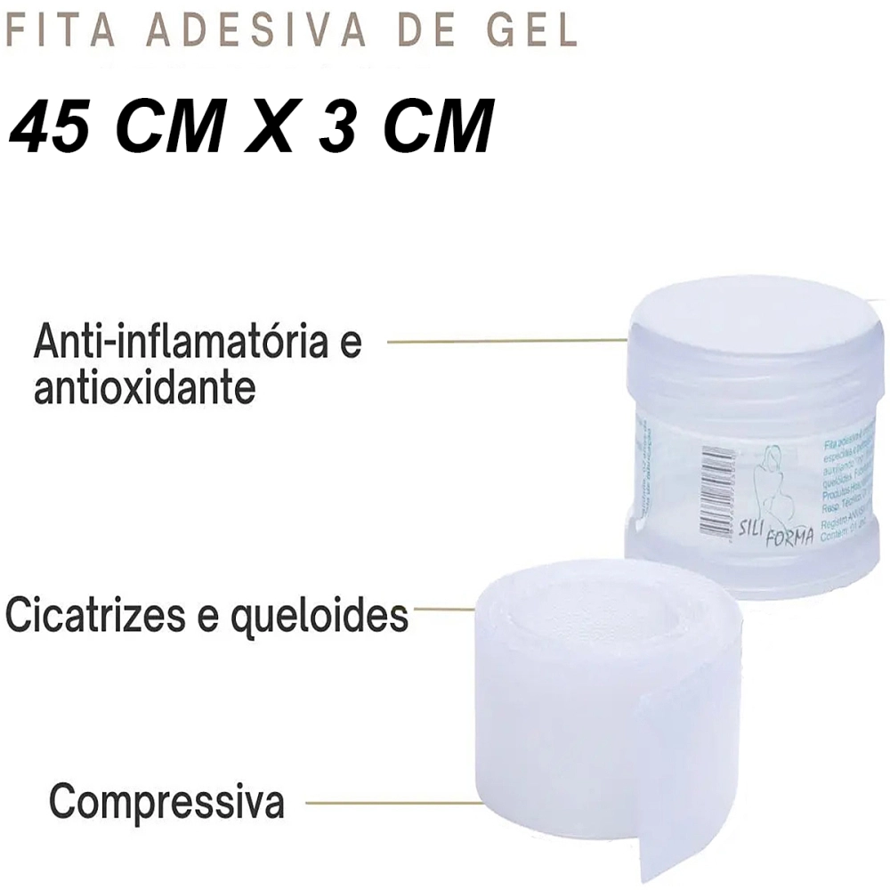 FITA ADESIVA SILICONE EM GEL PARA QUELOIDE CICATRIZ BARIATRICA ABDOMINOPLASTIA 45 x 3 CM SILIFORMA  