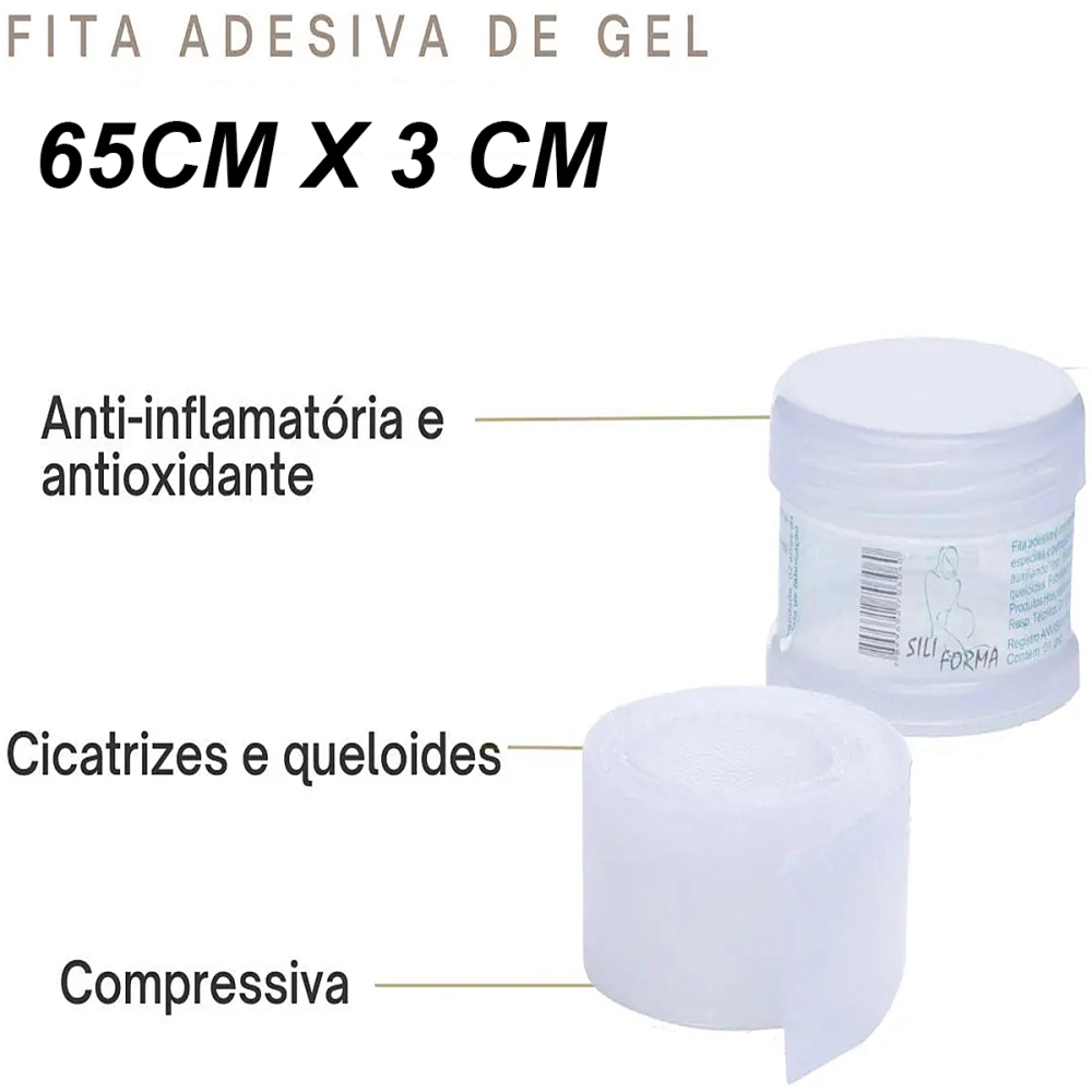 FITA ADESIVA SILICONE EM GEL PARA QUELOIDE CICATRIZ BARIATRICA ABDOMINOPLASTIA 65 x 3 CM SILIFORMA  