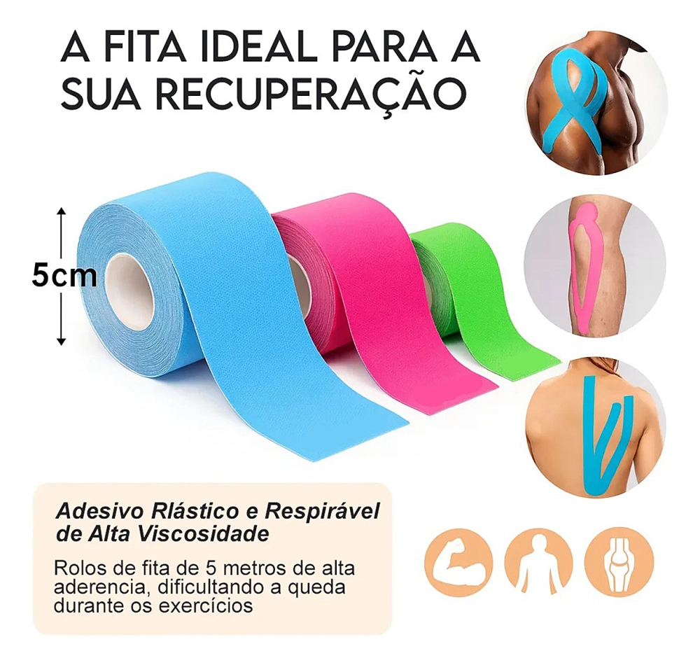 Fita Kinesio Fita Bandagem Elástica Adesiva Suporte Muscular Estabilização Articular Recuperação Física Flexível Respirável Resistência Ao Suor Conforto Pele Uso Esportivo e Reabilitação Terapêutica 5 M x 5 Cm Sports Tape