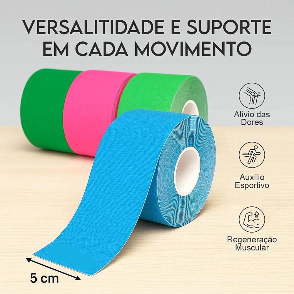 Fita Kinesio Fita Bandagem Elástica Adesiva Suporte Muscular Estabilização Articular Recuperação Física Flexível Respirável Resistência Ao Suor Conforto Pele Uso Esportivo e Reabilitação Terapêutica 5 M x 5 Cm Sports Tape