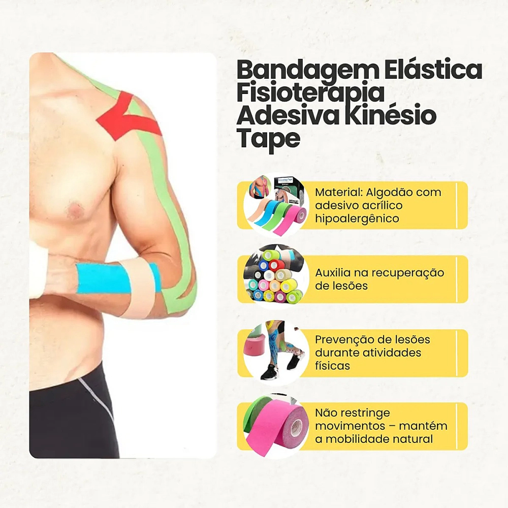 Fita Kinesio Fita Bandagem Elástica Adesiva Suporte Muscular Estabilização Articular Recuperação Física Flexível Respirável Resistência Ao Suor Conforto Pele Uso Esportivo e Reabilitação Terapêutica 5 M x 5 Cm Sports Tape