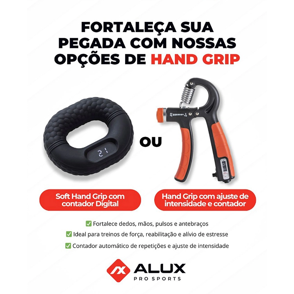 Hand Grip Com Mola Ajustável De Intensidade 5 A 60Kg Fortalecedor Antebraço Punho Fisioterapia Fitness Com Contador Alux