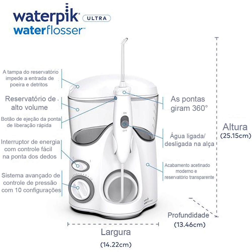 Irrigador Aparelho de Limpeza Higiene Bocal Oral Dental Elétrico Portátil USB 127V 600 ml Waterpik Ultra WP100B