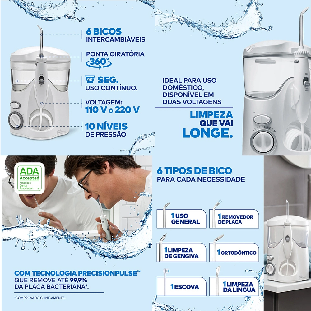 Irrigador Aparelho de Limpeza Higiene Bocal Oral Dental Elétrico Portátil USB 127V 600 ml Waterpik Ultra WP100B