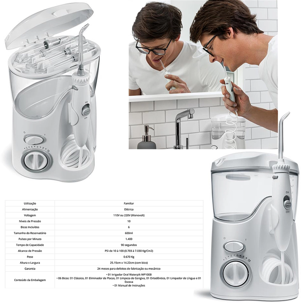 Irrigador Aparelho de Limpeza Higiene Bocal Oral Dental Elétrico Portátil USB 127V 600 ml Waterpik Ultra WP100B
