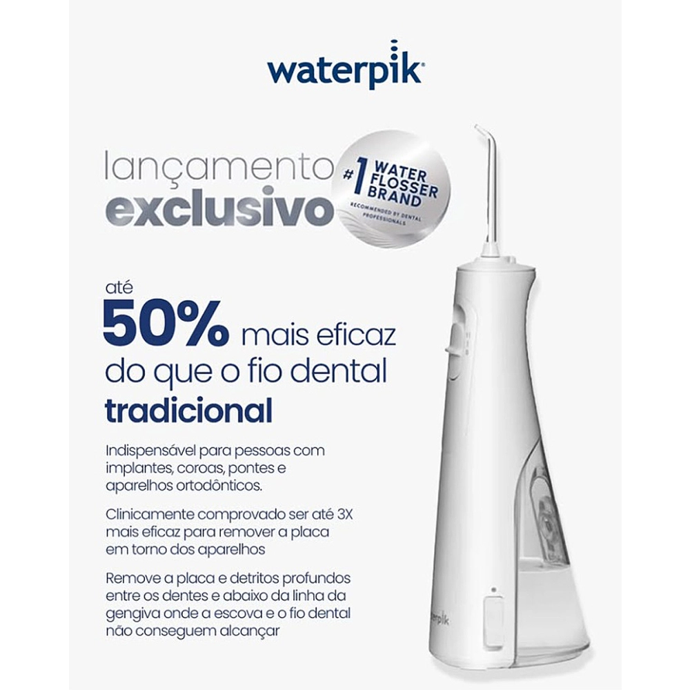 Irrigador Aparelho de Limpeza Higiene Bocal Oral Dental Elétrico Portátil USB Bivolt 177 ml Waterpik Cordless Enhance WF21 