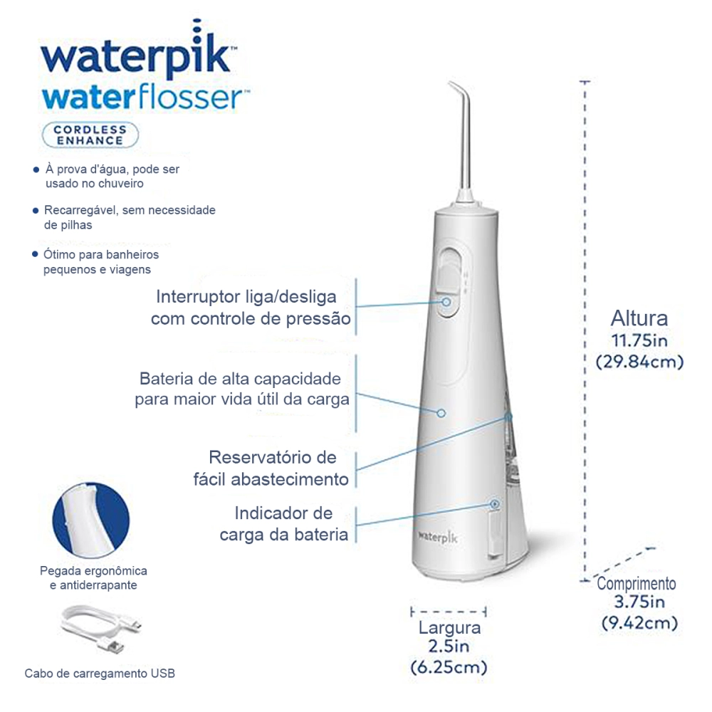 Irrigador Aparelho de Limpeza Higiene Bocal Oral Dental Elétrico Portátil USB Bivolt 177 ml Waterpik Cordless Enhance WF21 
