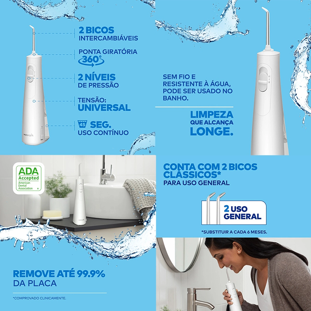 Irrigador Aparelho de Limpeza Higiene Bocal Oral Dental Elétrico Portátil USB Bivolt 177 ml Waterpik Cordless Enhance WF21 