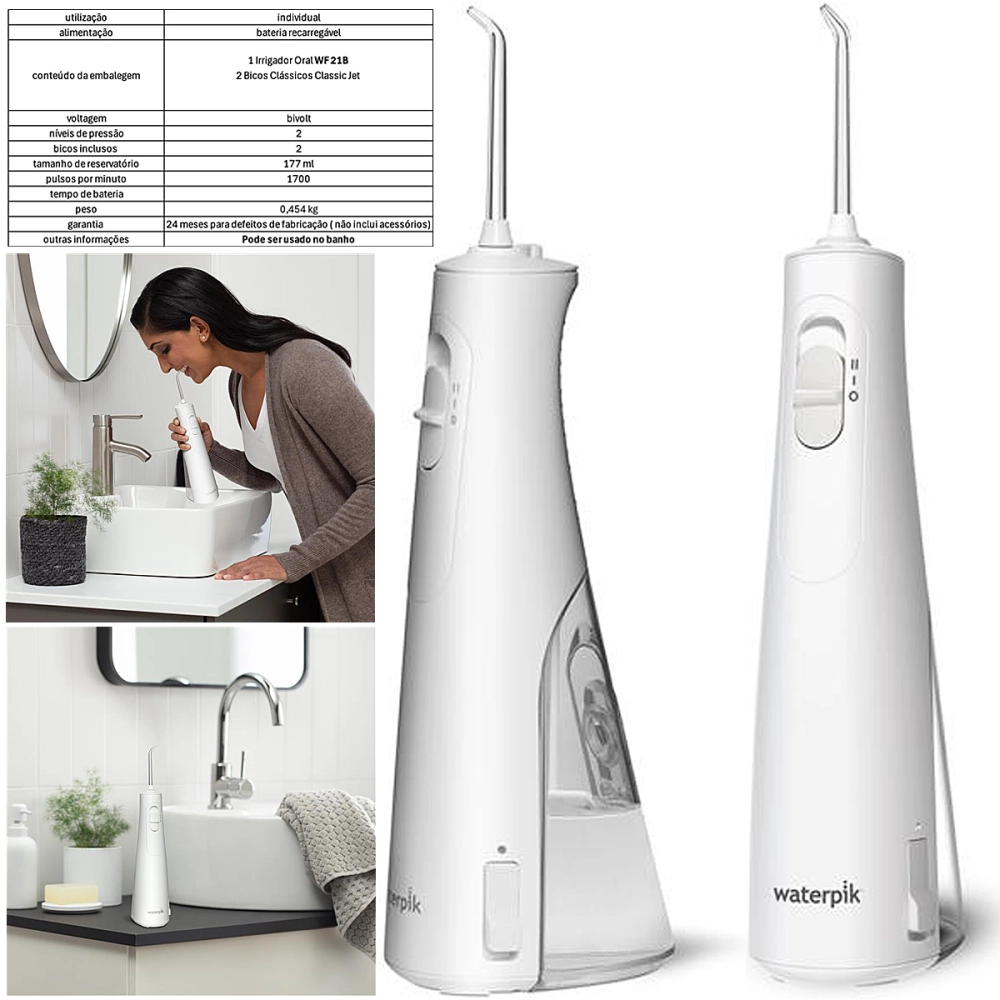 Irrigador Aparelho de Limpeza Higiene Bocal Oral Dental Elétrico Portátil USB Bivolt 177 ml Waterpik Cordless Enhance WF21 