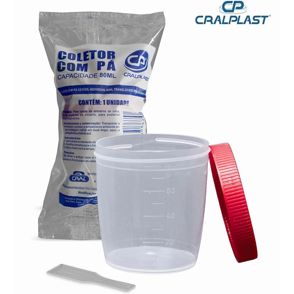 Kit Com 10 Coletores Com Tampo E Pá Para Fezes E Urina Universal Esteril Transparente 80 Ml Cralplast