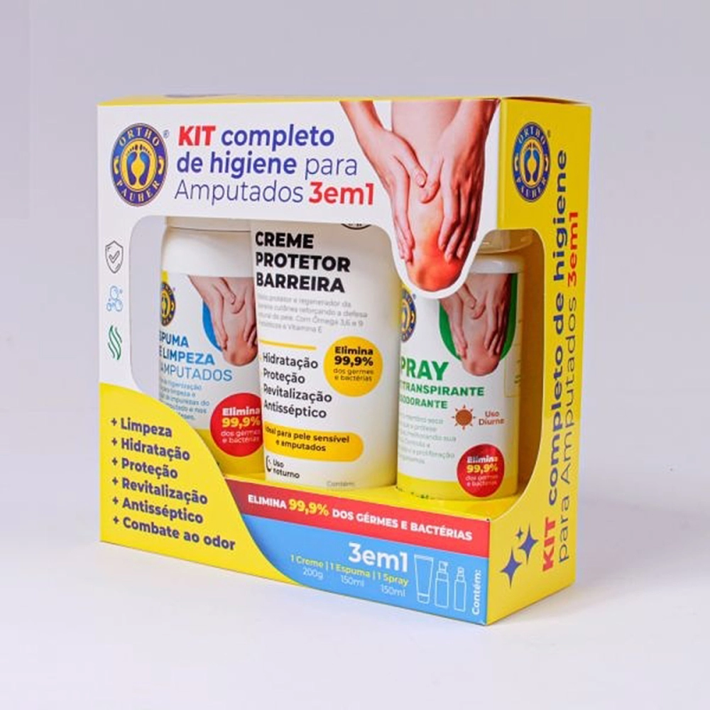 Kit De Higiene Para Amputados Pele Sensível Antisséptico Vegano Completo 3 Em 1 Spray Espuma Creme Ortho Pauher