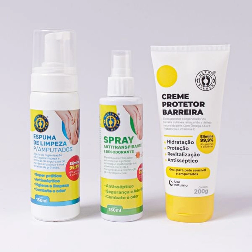 Kit De Higiene Para Amputados Pele Sensível Antisséptico Vegano Completo 3 Em 1 Spray Espuma Creme Ortho Pauher