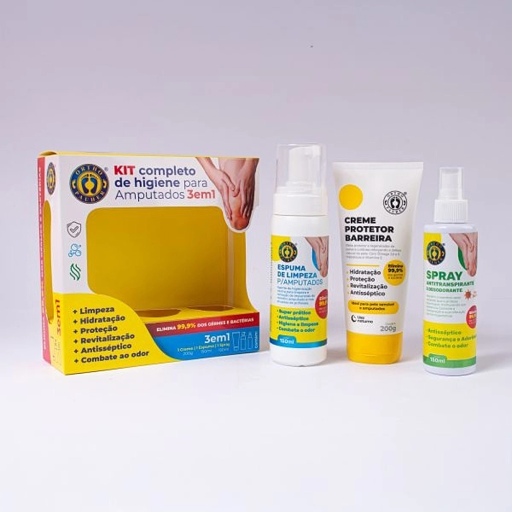 Kit De Higiene Para Amputados Pele Sensível Antisséptico Vegano Completo 3 Em 1 Spray Espuma Creme Ortho Pauher