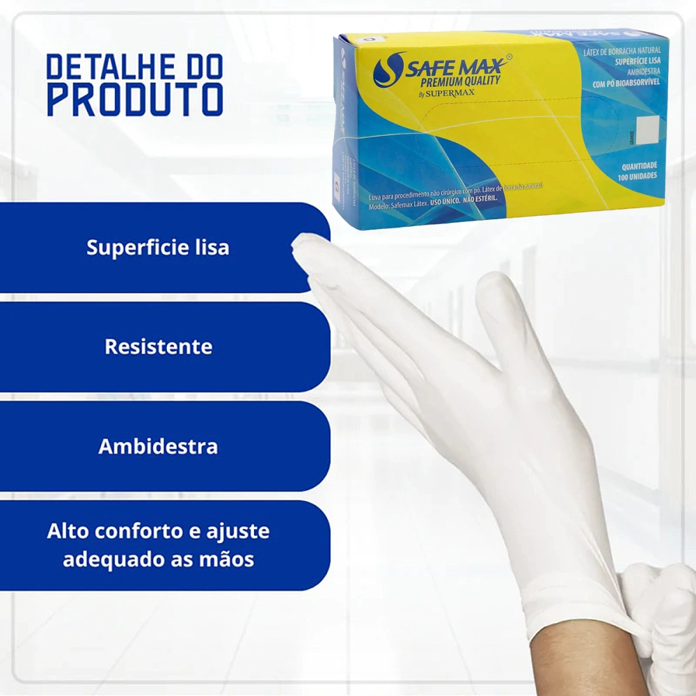 Luva Descartável Látex Para Procedimento Não Cirúrgico Lisa Com Pó Caixa Com 100 unidades Safemax