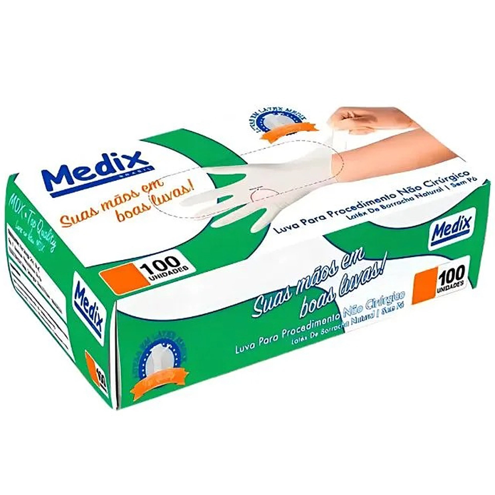 Luva Descartável Látex Para Procedimento Não Cirúrgico Lisa Sem Pó Uso Geral Branca 100 Unidades Medix