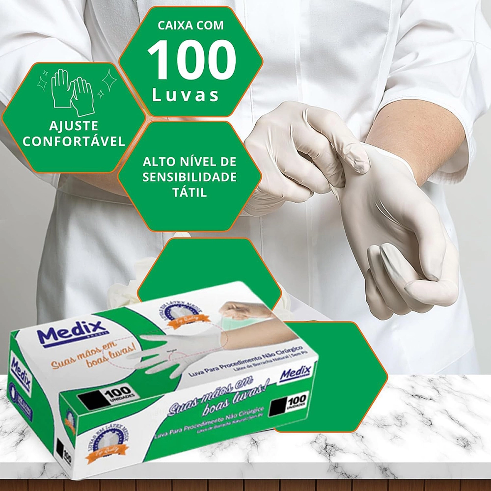Luva Descartável Látex Para Procedimento Não Cirúrgico Lisa Sem Pó Uso Geral Branca 100 Unidades Medix