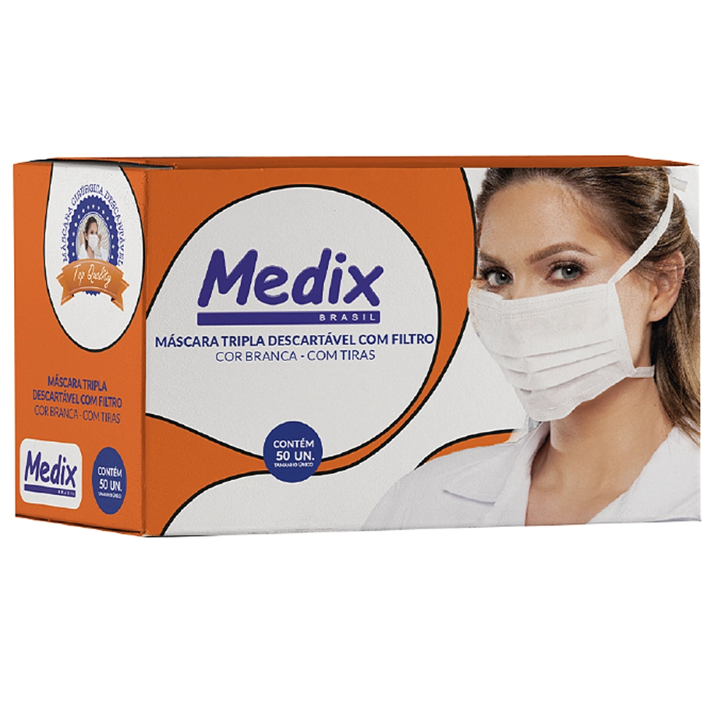 Mascara Descartável Tripla Camada Filtragem Com Elástico Caixa Com 50 Unidades Medix