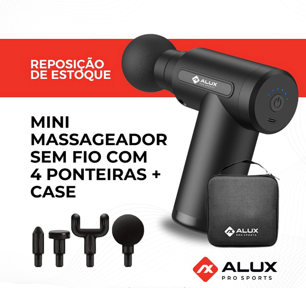 Massageador Recarregável Muscular Corporal Elétrico Pistola Massageadora Portátil Sem Fio Alívio Dor Relaxamento Liberação Miofascial Com 4 Ponteiras + Estojo Para Transporte Alux