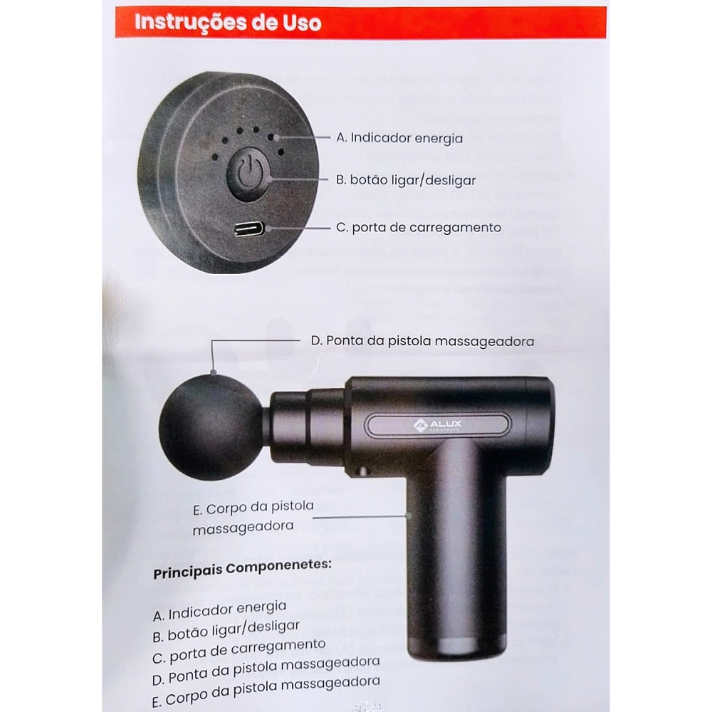 Massageador Recarregável Muscular Corporal Elétrico Pistola Massageadora Portátil Sem Fio Alívio Dor Relaxamento Liberação Miofascial Com 4 Ponteiras + Estojo Para Transporte Alux
