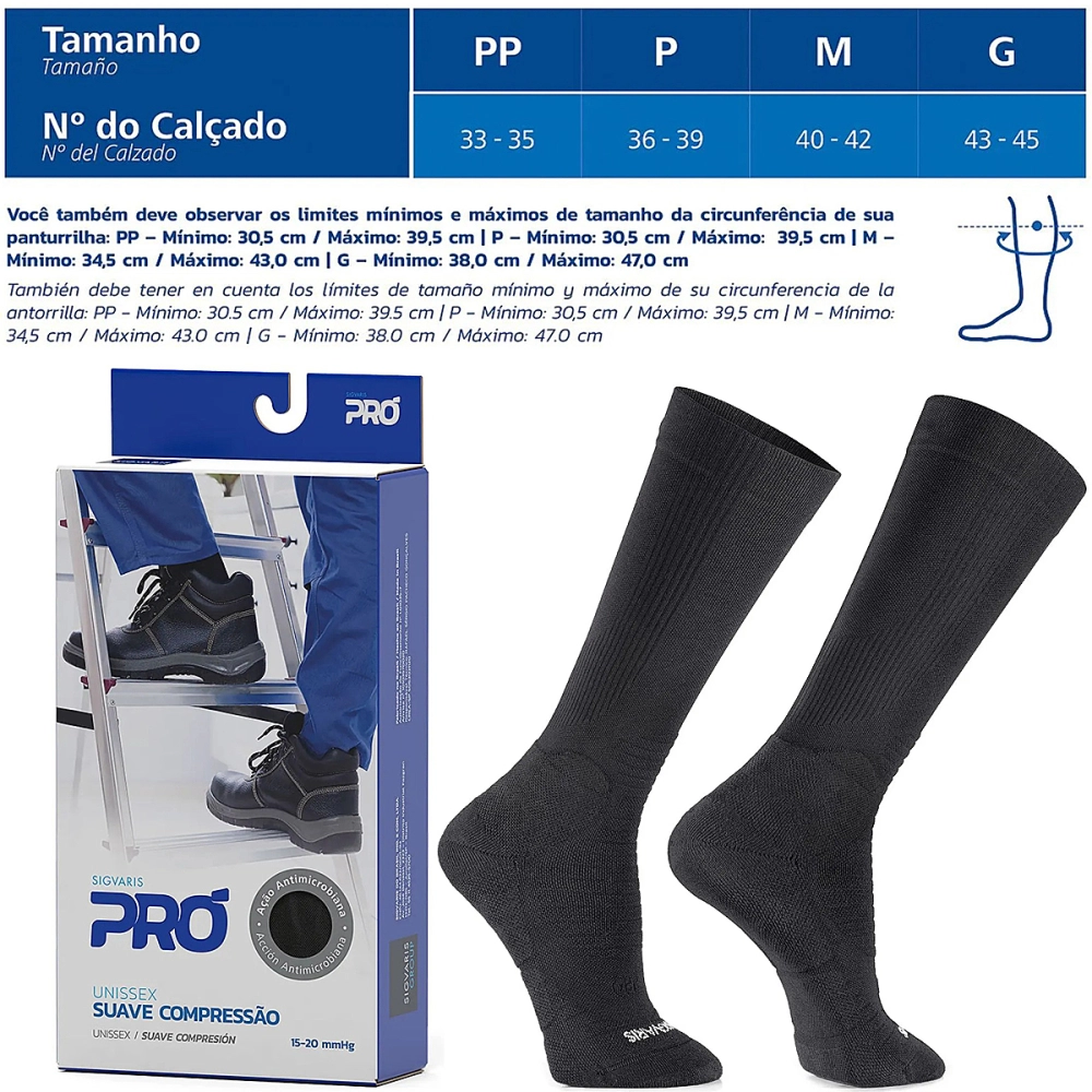 Meia De Compressão Suave Graduada 3/4 Pró Preta 15-20 mmHg Unissex Sigvaris