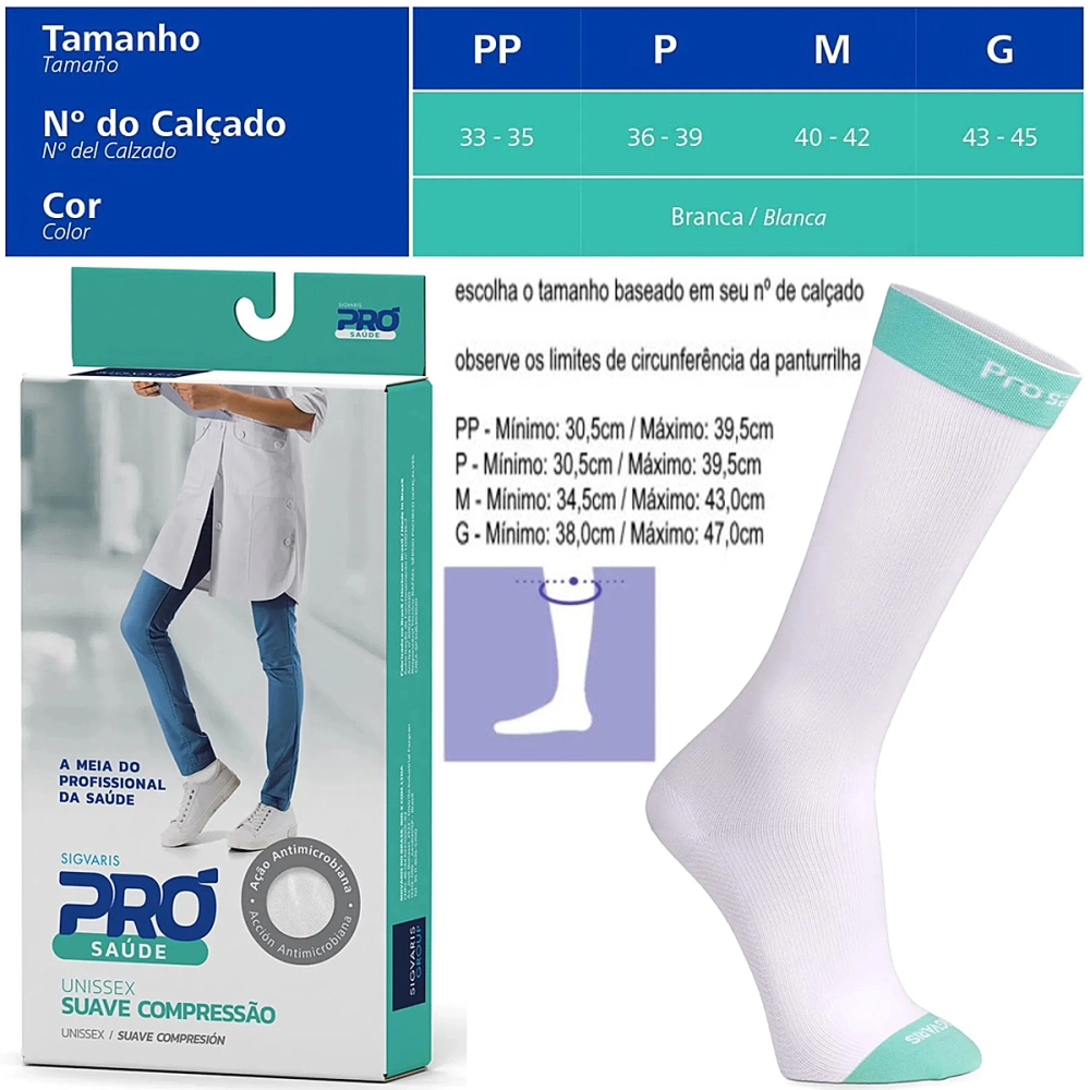 Meia De Compressão Suave Graduada 3/4 Pró Saúde Branca 15-20 mmHg Unissex Sigvaris
