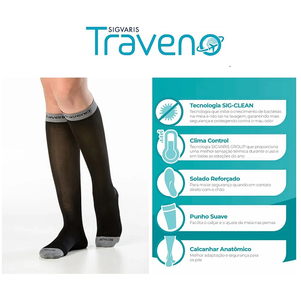 Meia Para Viagem 3/4 Compressão Suave Traveno Fechada Evita Inchaço Unissex Sigvaris