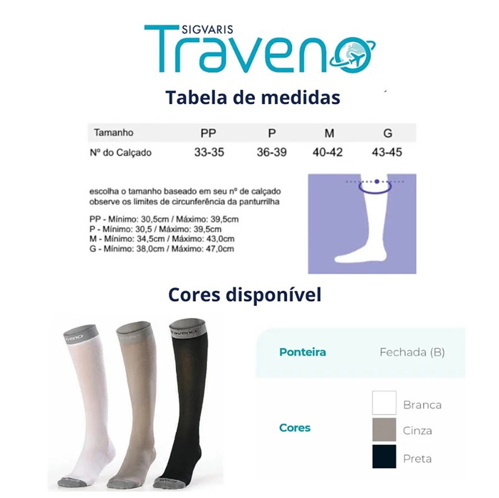 Meia Para Viagem 3/4 Compressão Suave Traveno Fechada Evita Inchaço Unissex Sigvaris