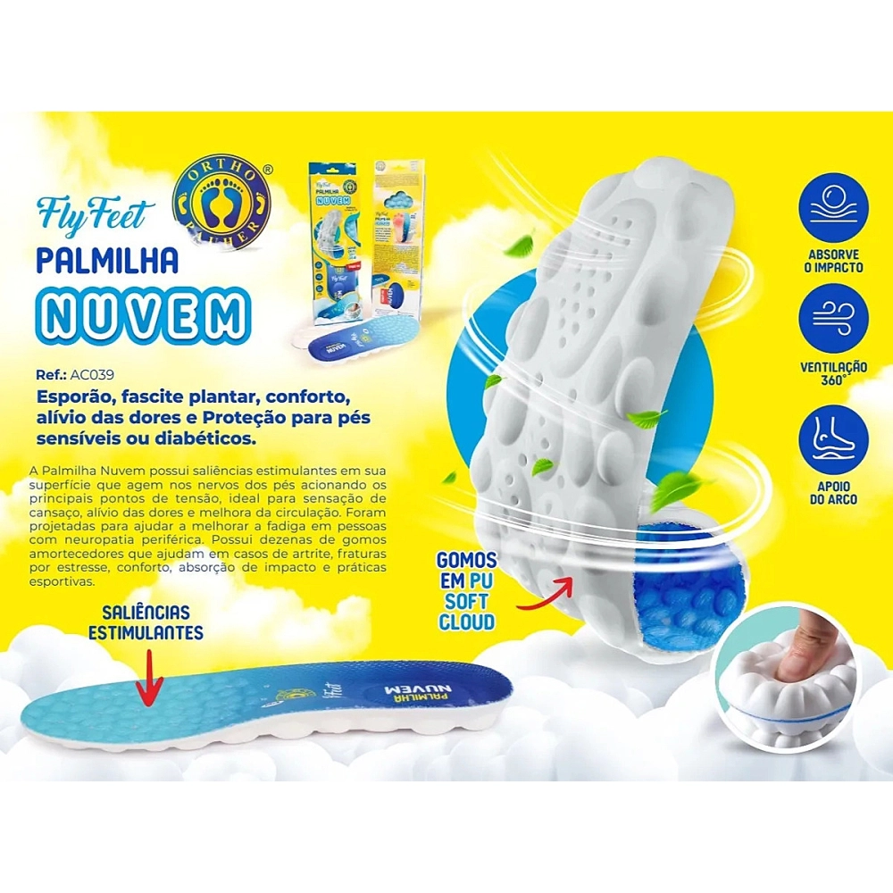 Palmilha Nuvem Ortopédica Absorve Impacto Conforto Fly Feet Esporao Fascite Plantar Para Pés Diabéticos Ortho Pauher 