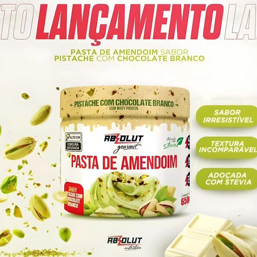 Pasta De Amendoim Gourmet Com Whey Protein Pistache Com Chocolate Branco 650g Absolut