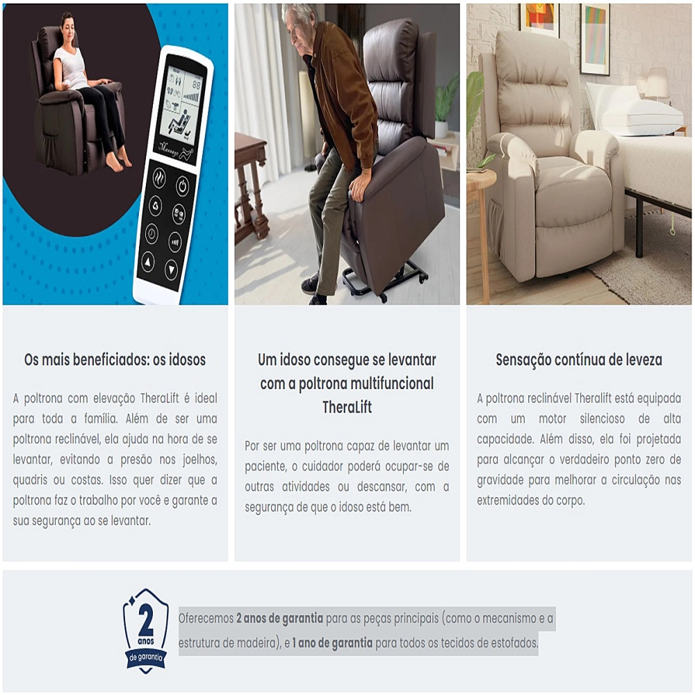 Poltrona Cadeira Massageadora Eletrica Reclinavel Com Elevaçao Theralift TM3000 Standard Bivolt Com Controle Remoto Theramart