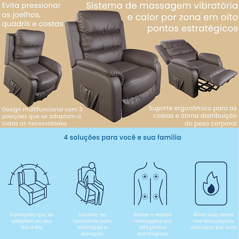 Poltrona Cadeira Massageadora Eletrica Reclinavel Com Elevaçao Theralift TM3000 Standard Bivolt Com Controle Remoto Theramart