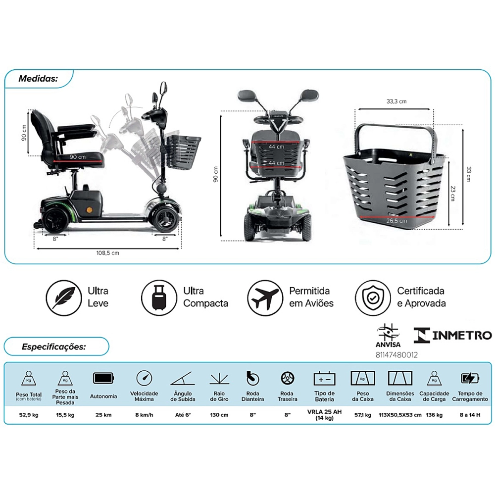 Scooter Motorizada Desmontável Elétrica Cadeira Rodas Até 136 Kg Speed S Power Lite Cor 6 em 1