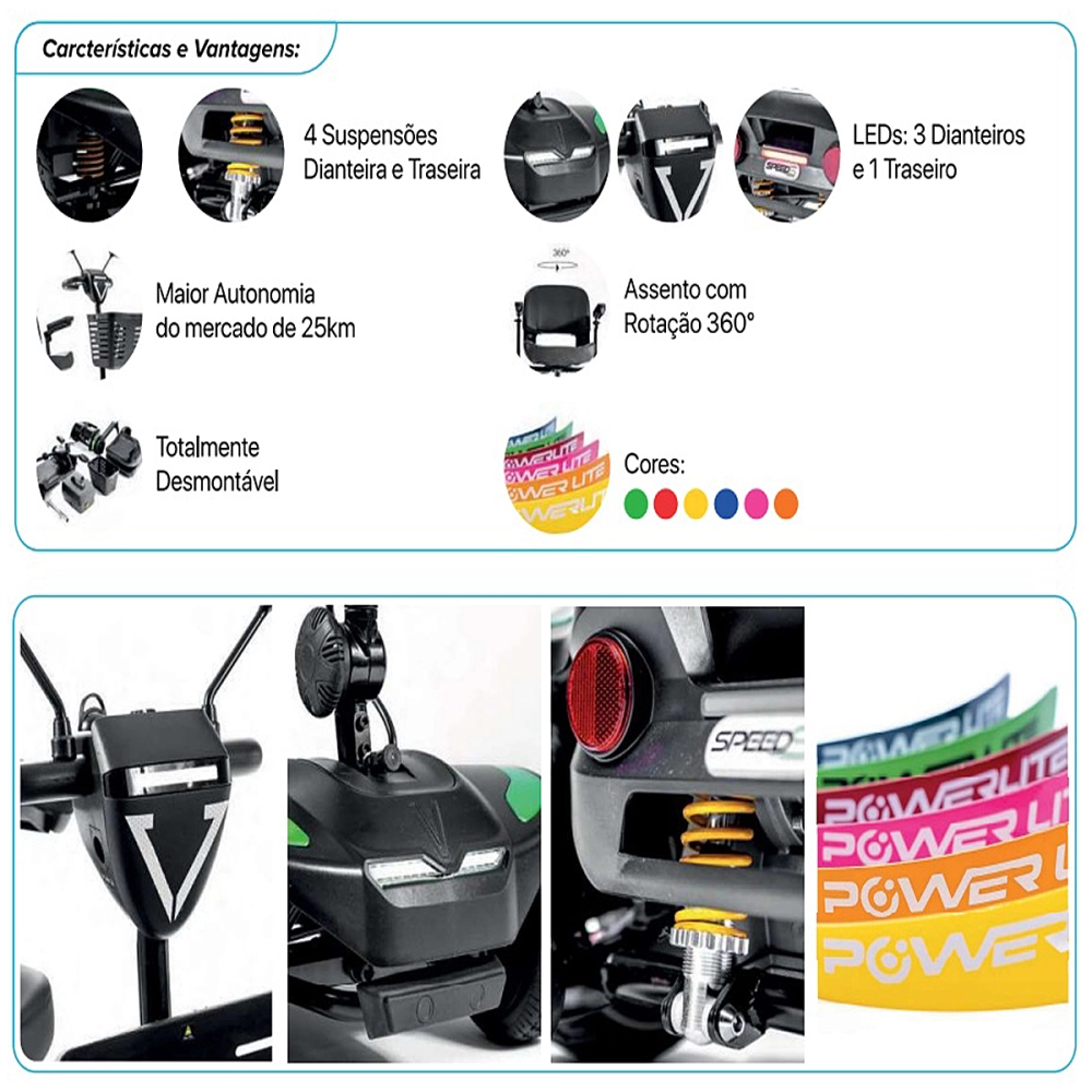 Scooter Motorizada Desmontável Elétrica Cadeira Rodas Até 136 Kg Speed S Power Lite Cor 6 em 1