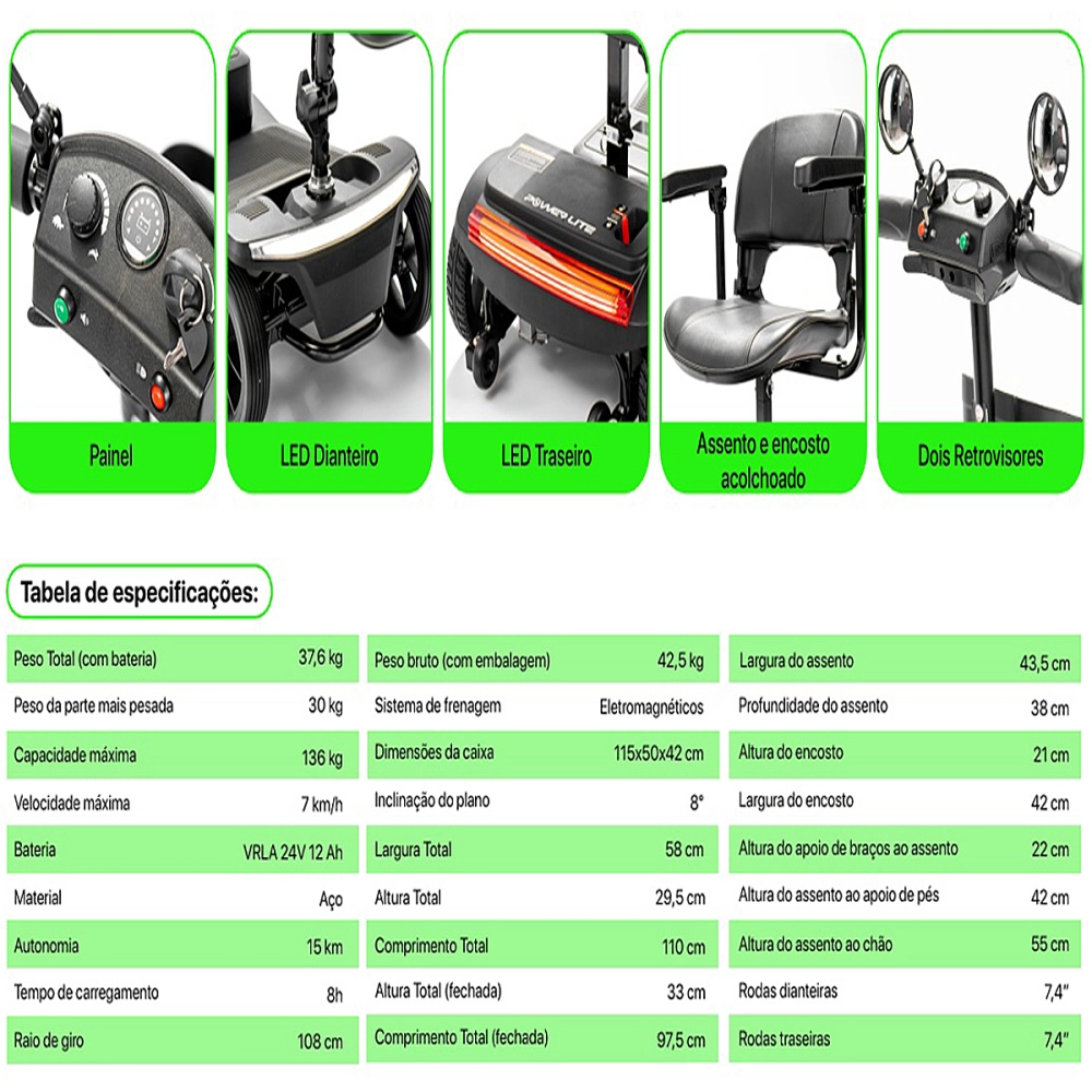 Scooter Motorizada Eletrica Cadeira A Bateria Leve Dobravel Desmontavel Lumus Capacidade De 136 kg Power Lite